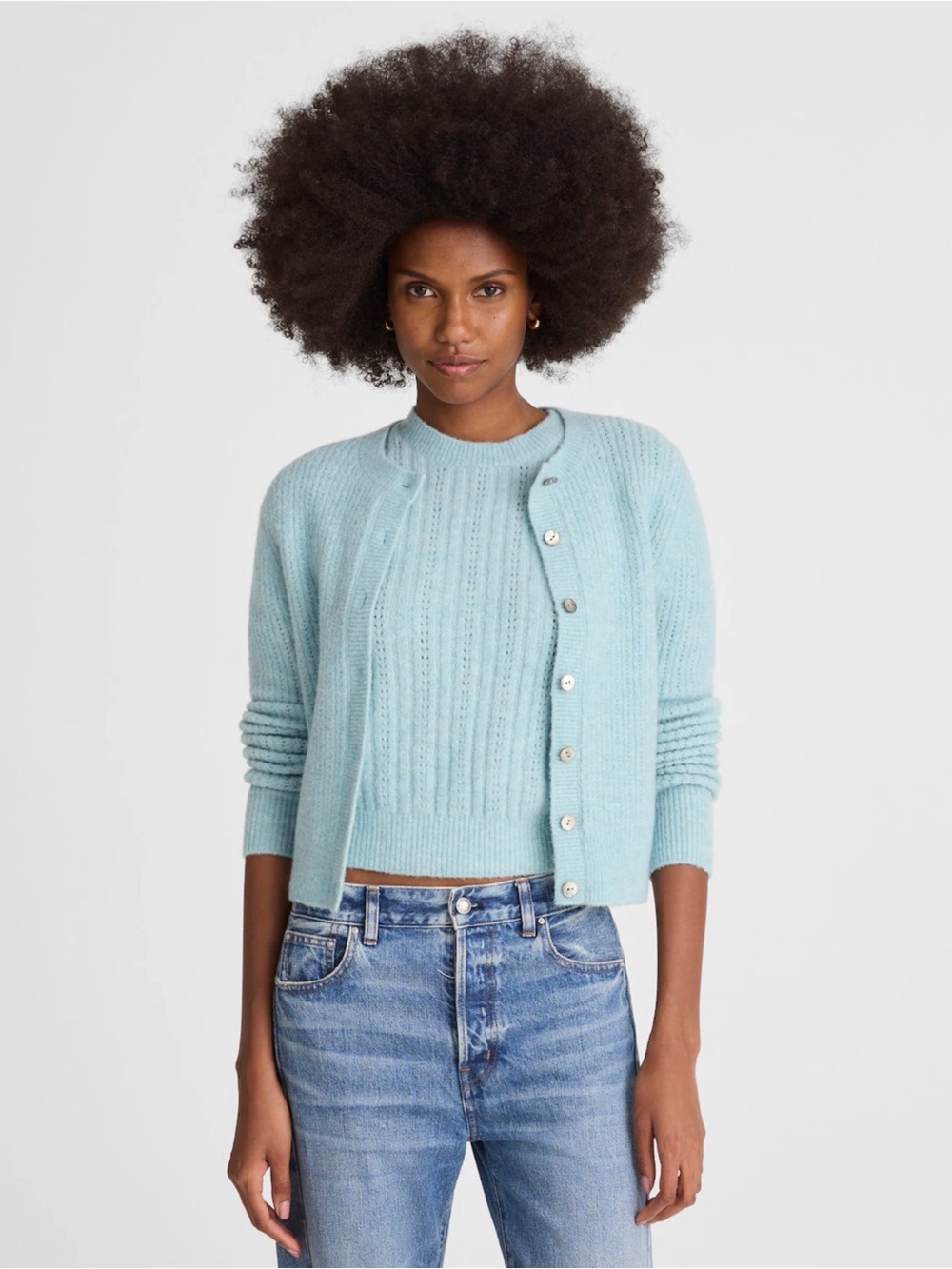 Madewell CloudSoft Pointelle Knit Cardigan Sweater Mint Blue NEW - Picture 5 of 8